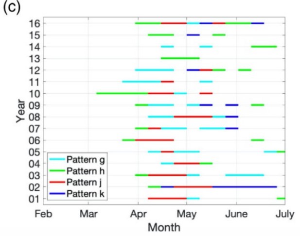 Bar chart with Years 2001-2016 on y-axis and months Feb-Jun on x-axis showing 4 patterns of the duration and timing of bloom patterns