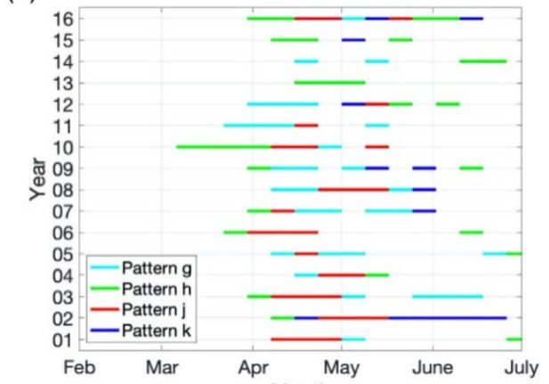 Bar chart with Years 2001-2016 on y-axis and months Feb-Jun on x-axis showing 4 patterns of the duration and timing of bloom patterns